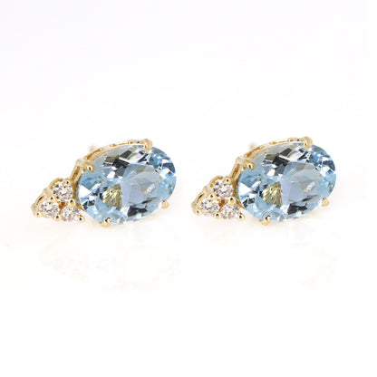 Yellow Studs Aquamarine Prong Setting Fine Earring 14K Gold