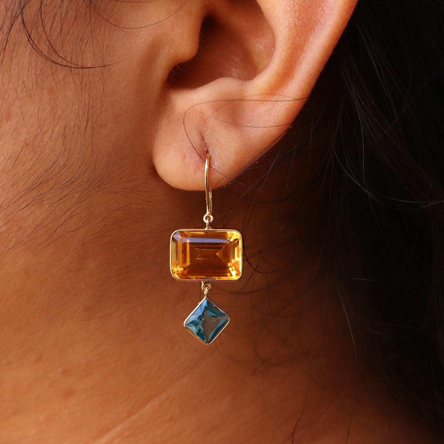Yellow Handmade Blue Topaz Citrine Hanging Earring 18K Gold