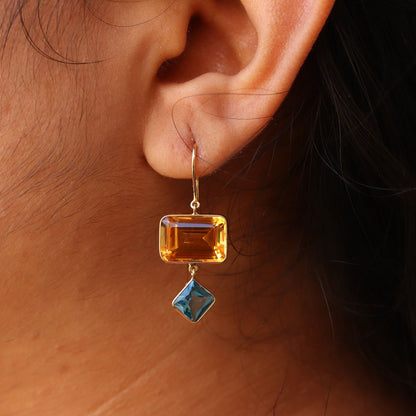 Yellow Handmade Blue Topaz Citrine Hanging Earring 18K Gold