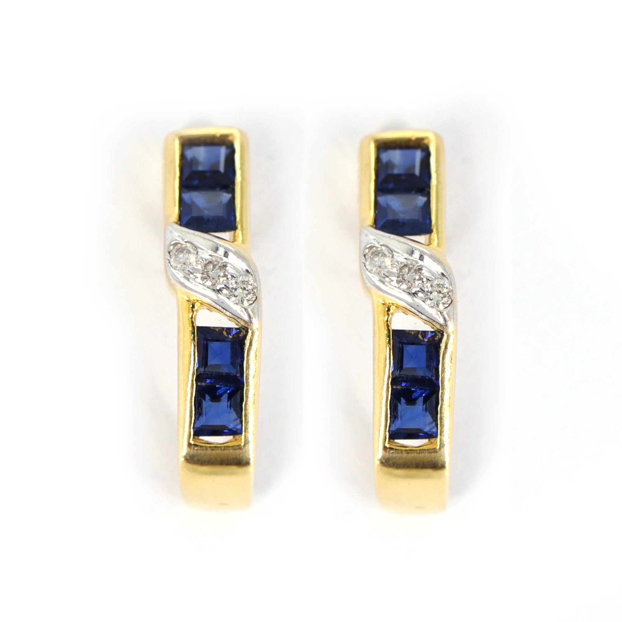 Yellow Studded Blue Sapphire Studs Princess Cut Round Earring 14K Gold