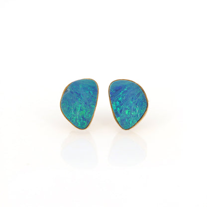 Blue Opal Fancy Shape Studs Yellow Tiny Stud Earring 14K Gold