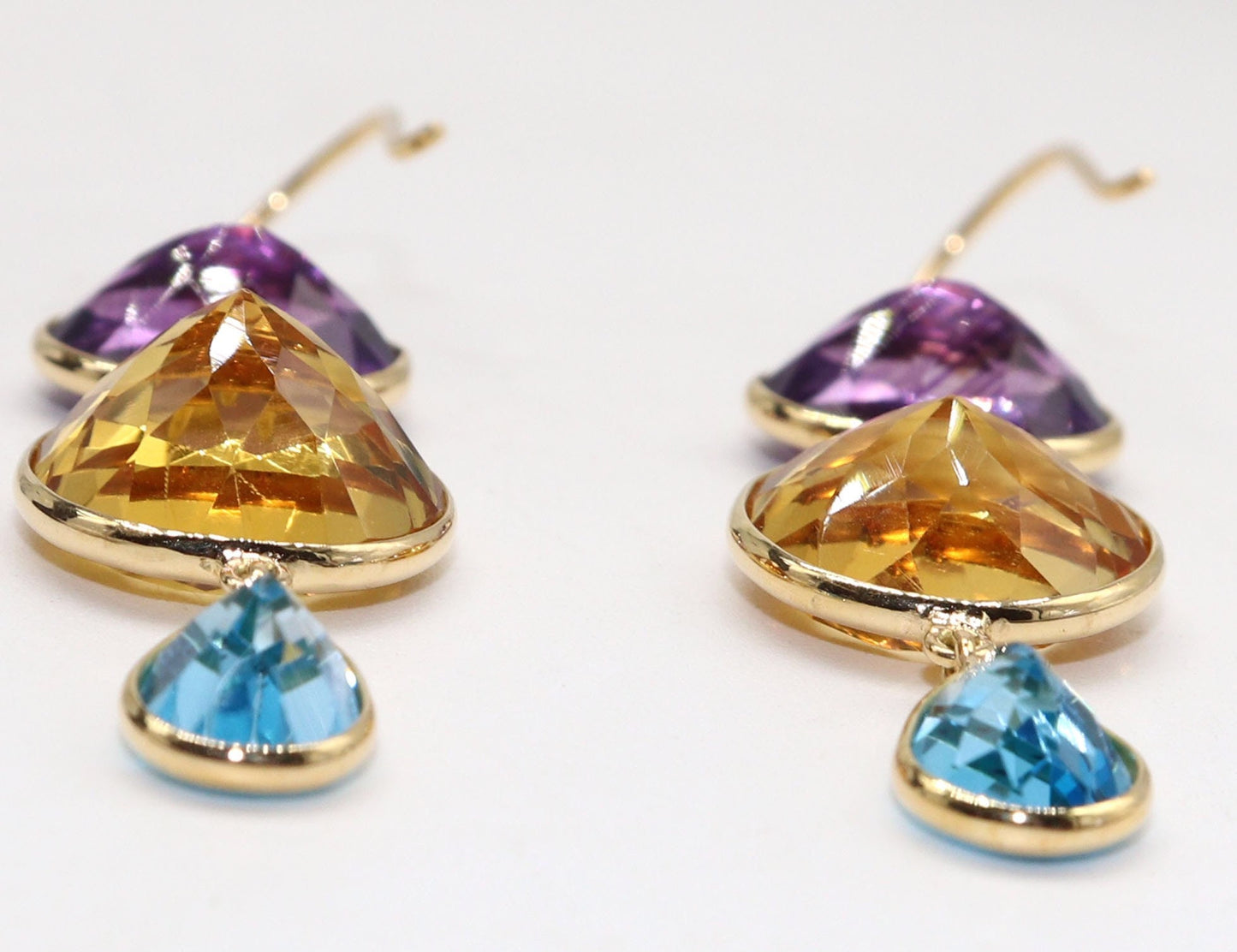 Yellow Handmade Citrine Blue Topaz Amethyst Hanging Earring 18K Gold