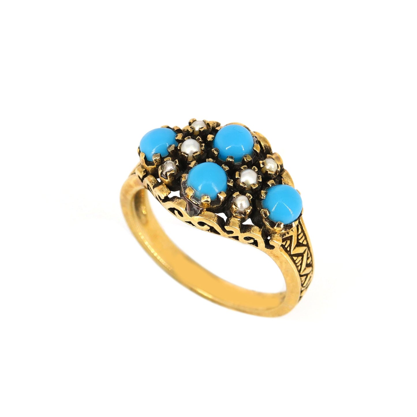 Antique 9K Persian Turquoise Pearl Cabochon Ring Gold