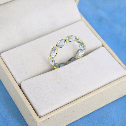 Aquamarine Stone Full Eternity Bezel Wedding Band Yellow Stackable Band Matching Band / Him 18K Gold