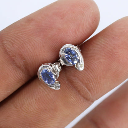 9Mm Tiny White Blue Sapphire Earring 14K Gold