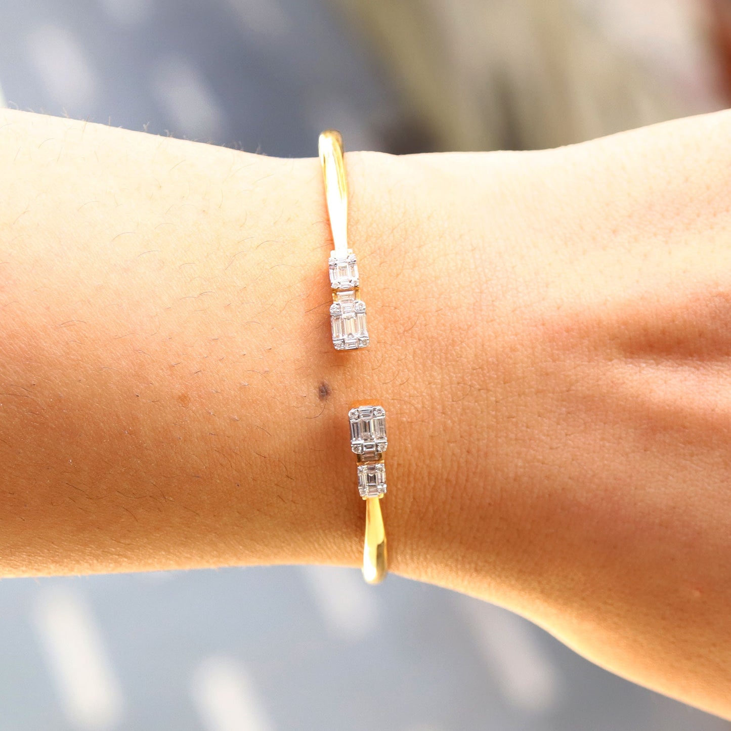 Yellow Open Cuff Illusion Bezel Stackable Bangle Cuff Bracelet 18K Gold