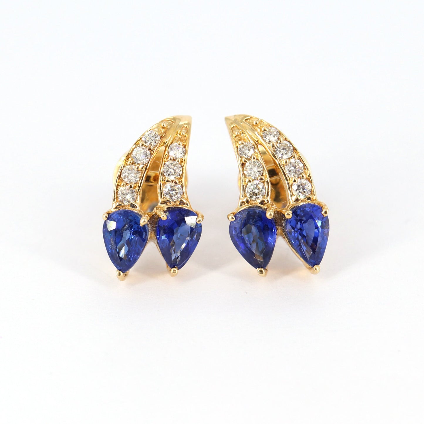 Yellow Studded Pear Cut Blue Sapphire Studs Top Quality Round Earring 14K Gold