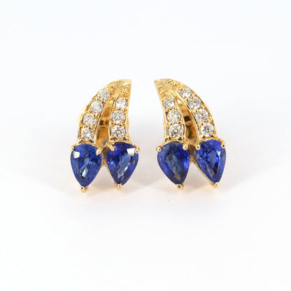 Yellow Studded Pear Cut Blue Sapphire Studs Top Quality Round Earring 14K Gold