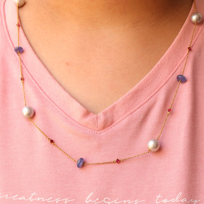 Vintage Yellow 30" Double String Pearl Curb Chain Necklace 18K Gold