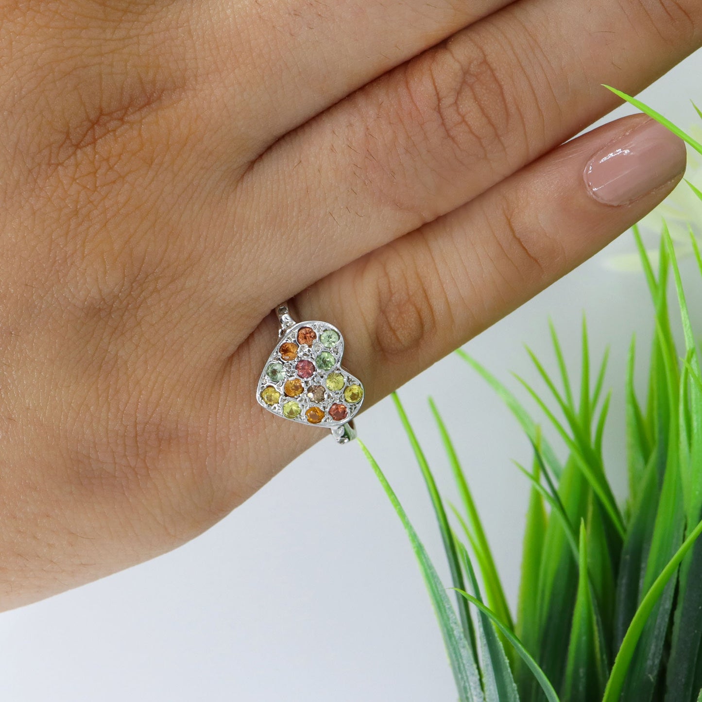 Heart Shape Multi Sapphire Sterling Ring Silver