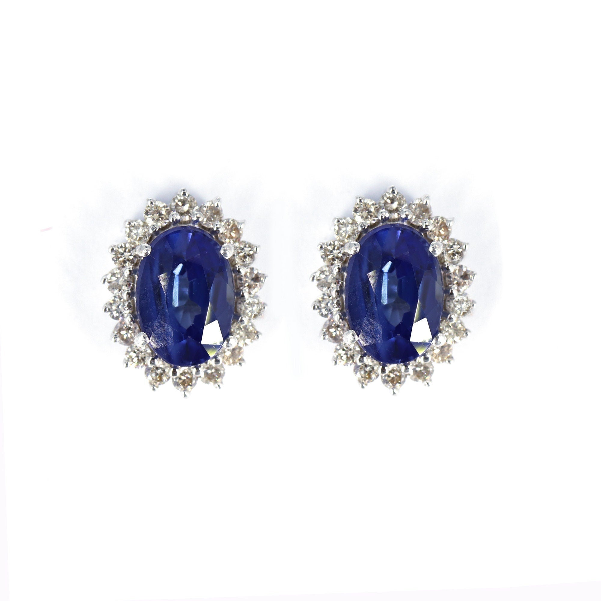 Cluster Studs White Studded Blue Sapphire Earring 14K Gold