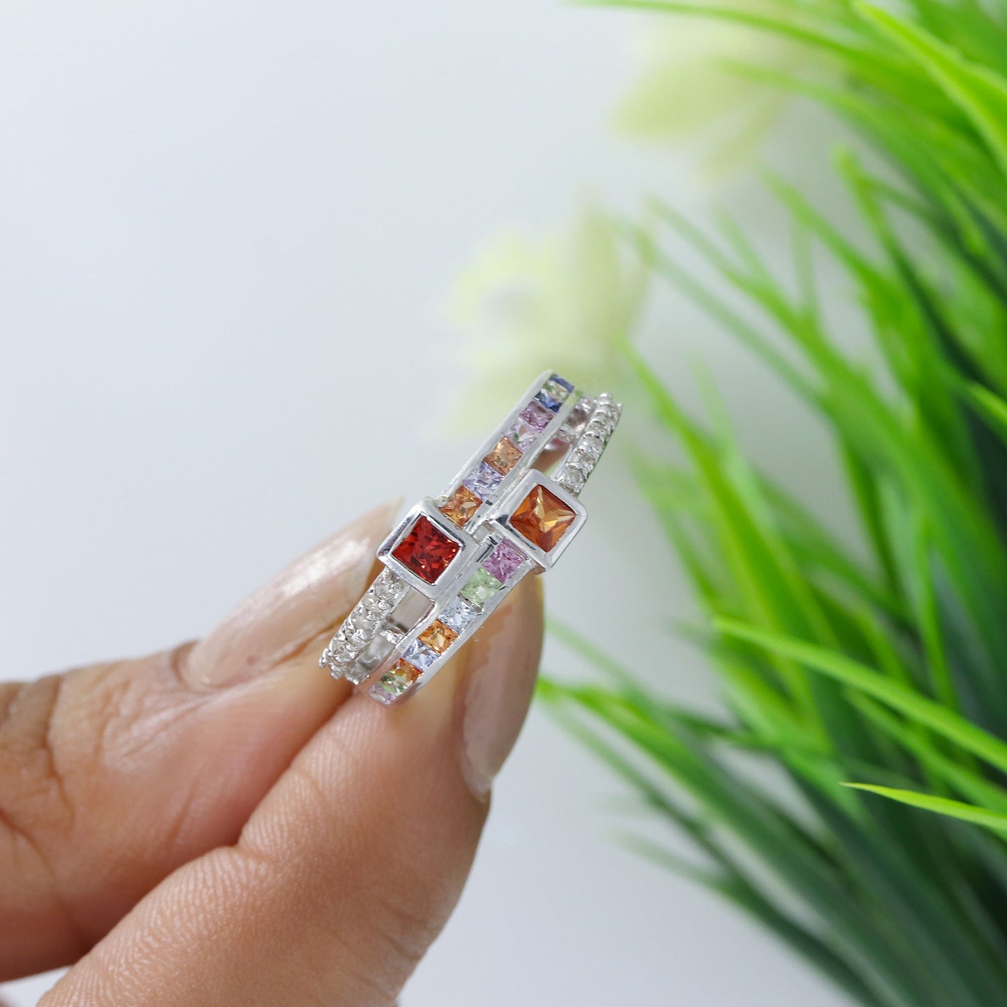 Princess Cut Multi Sapphire Ring Silver