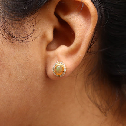 Vintage Yellow White Opal & White Tiny Stud Earring 14K Gold