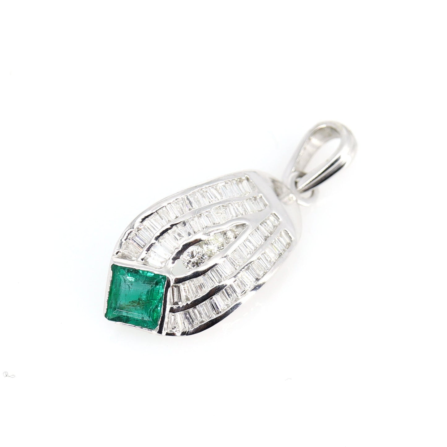 White Princess Cut 0.54 Emerald Tapered Brilliant Round Cut Pendant 14K Gold