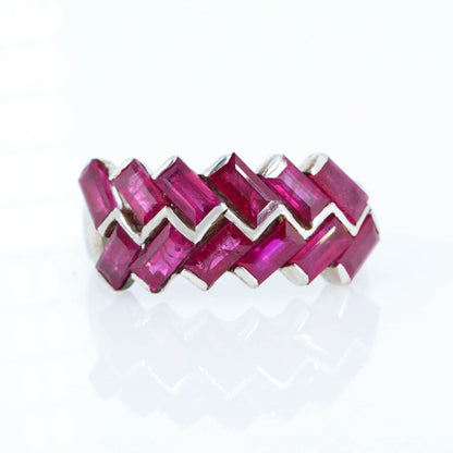 Baguette Cut Ruby Gemstone Ring Silver