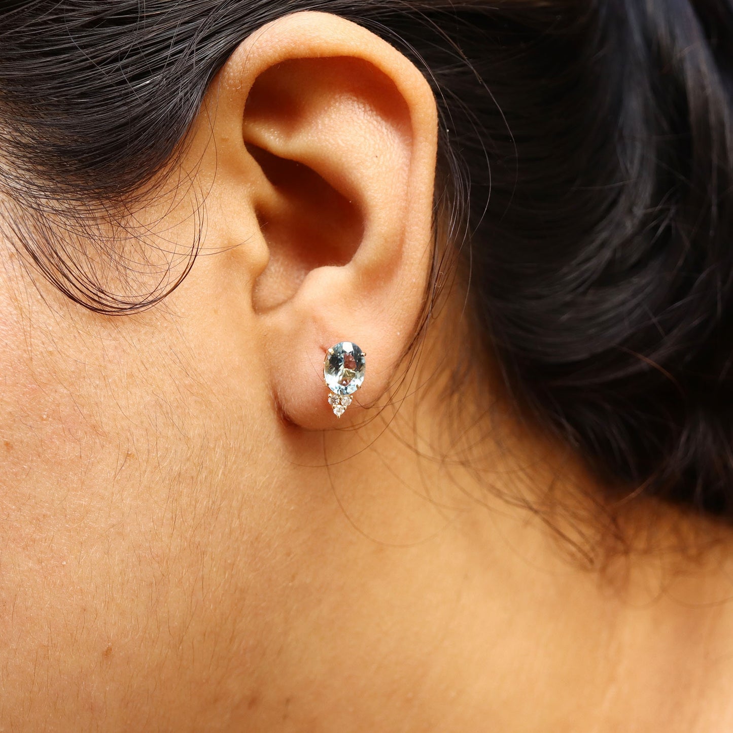 Yellow Studs Aquamarine Prong Setting Fine Earring 14K Gold
