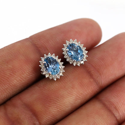 Cluster Studs White Studded Aquamarine Earring 14K Gold