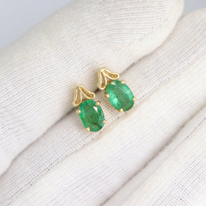 Emerald Stone Handmade Small Stud Earring 14K Gold