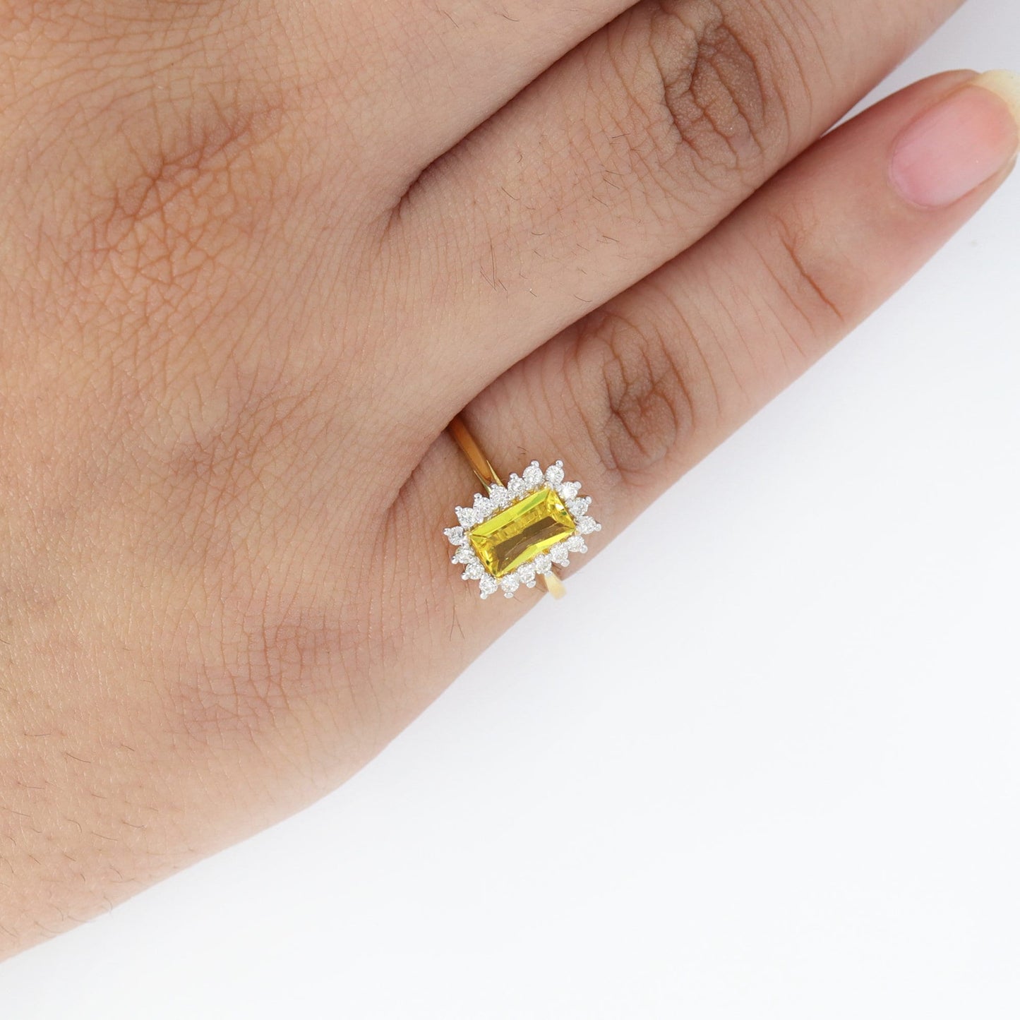 Art Deco Style Emerald Cut Yellow Sapphire Ring 14K Gold