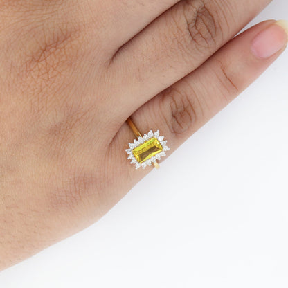 Art Deco Style Emerald Cut Yellow Sapphire Ring 14K Gold