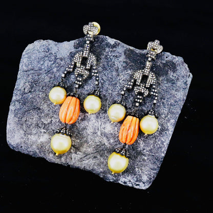 Coral Carving Gemstone South Sea Pearl Earring