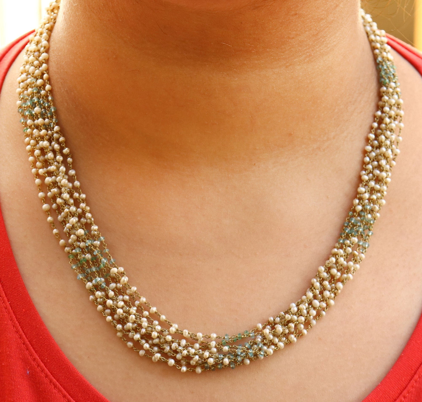 Fresh Water Pearl Aquamarine Necklace 18K Gold