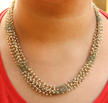 Fresh Water Pearl Aquamarine Necklace 18K Gold