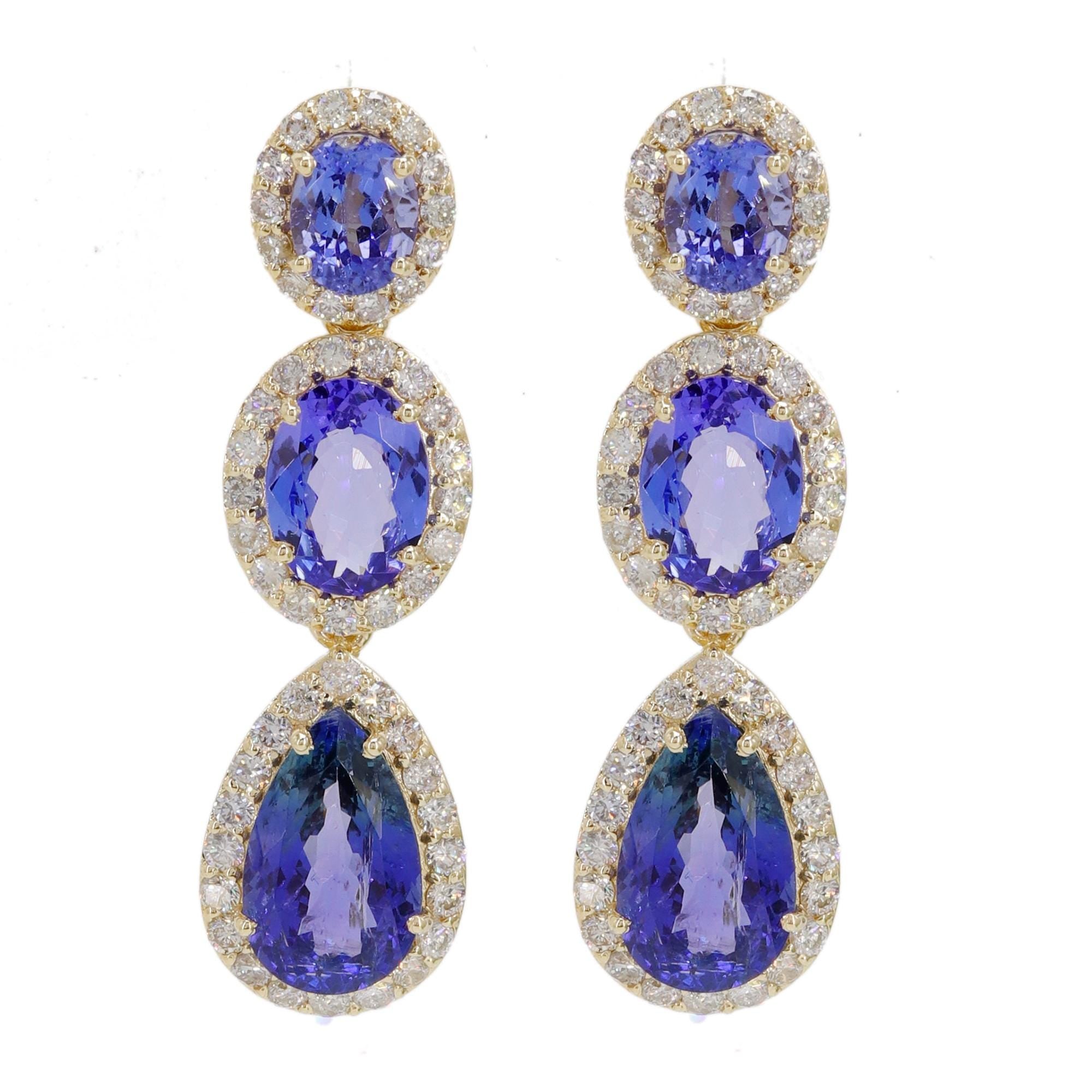 Three Stones Tanzanite & Halo Stud Earring 14K Gold