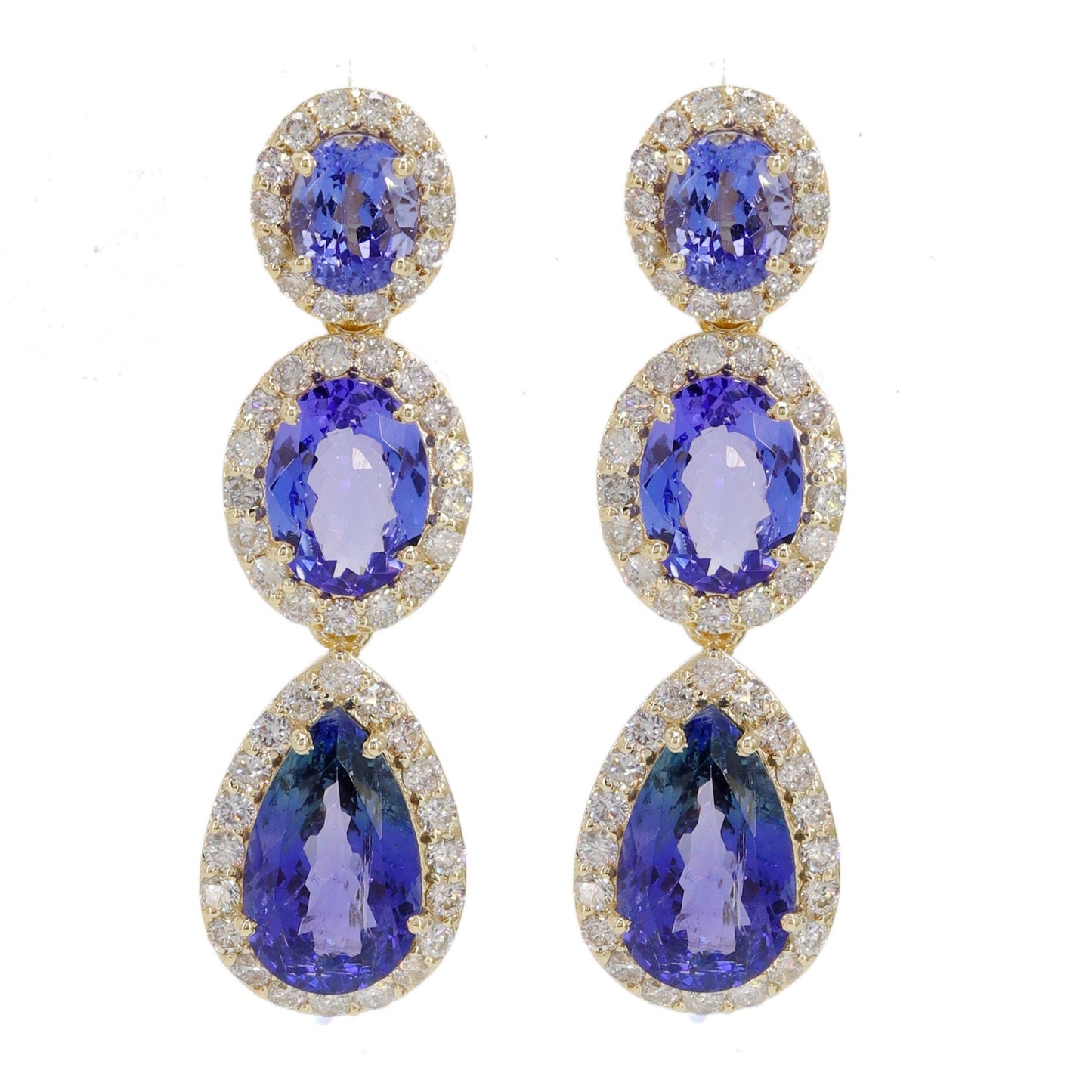 Three Stones Tanzanite & Halo Stud Earring 14K Gold