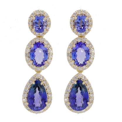Three Stones Tanzanite & Halo Stud Earring 14K Gold