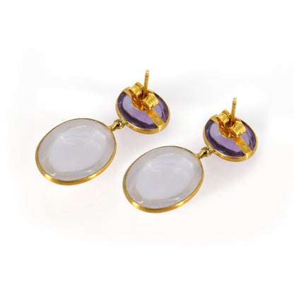 Amethyst & Rose Quartz Cabochon Earring 18K Gold