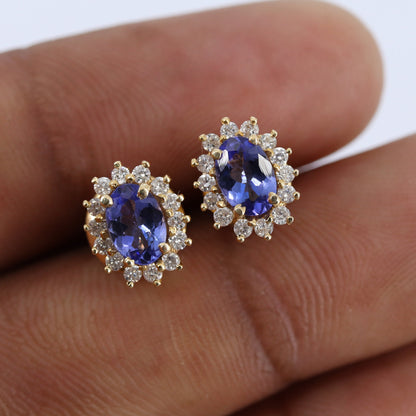 Cluster Studs Yellow Studded Tanzanite Earring 14K Gold