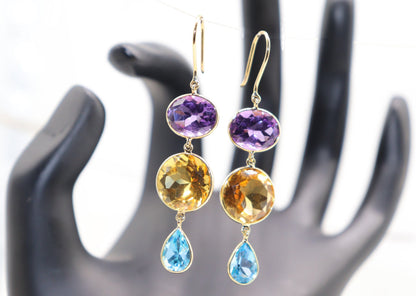 Yellow Handmade Citrine Blue Topaz Amethyst Hanging Earring 18K Gold