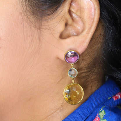 Amethyst Blue Topaz Beer Quartz Earring 18K Gold