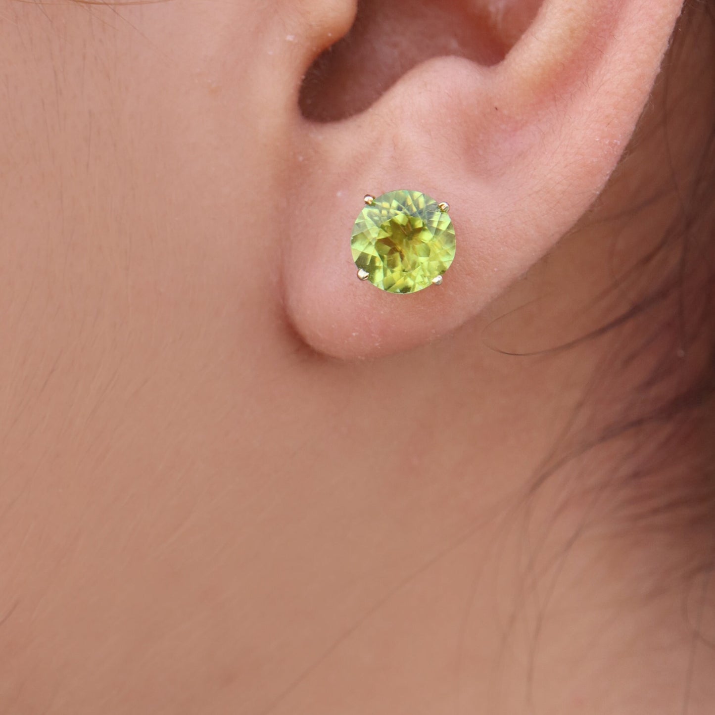 8Mm Tiny Round Cut Green Peridot Gemstone Studs Yellow Peridot Earring 14K Gold