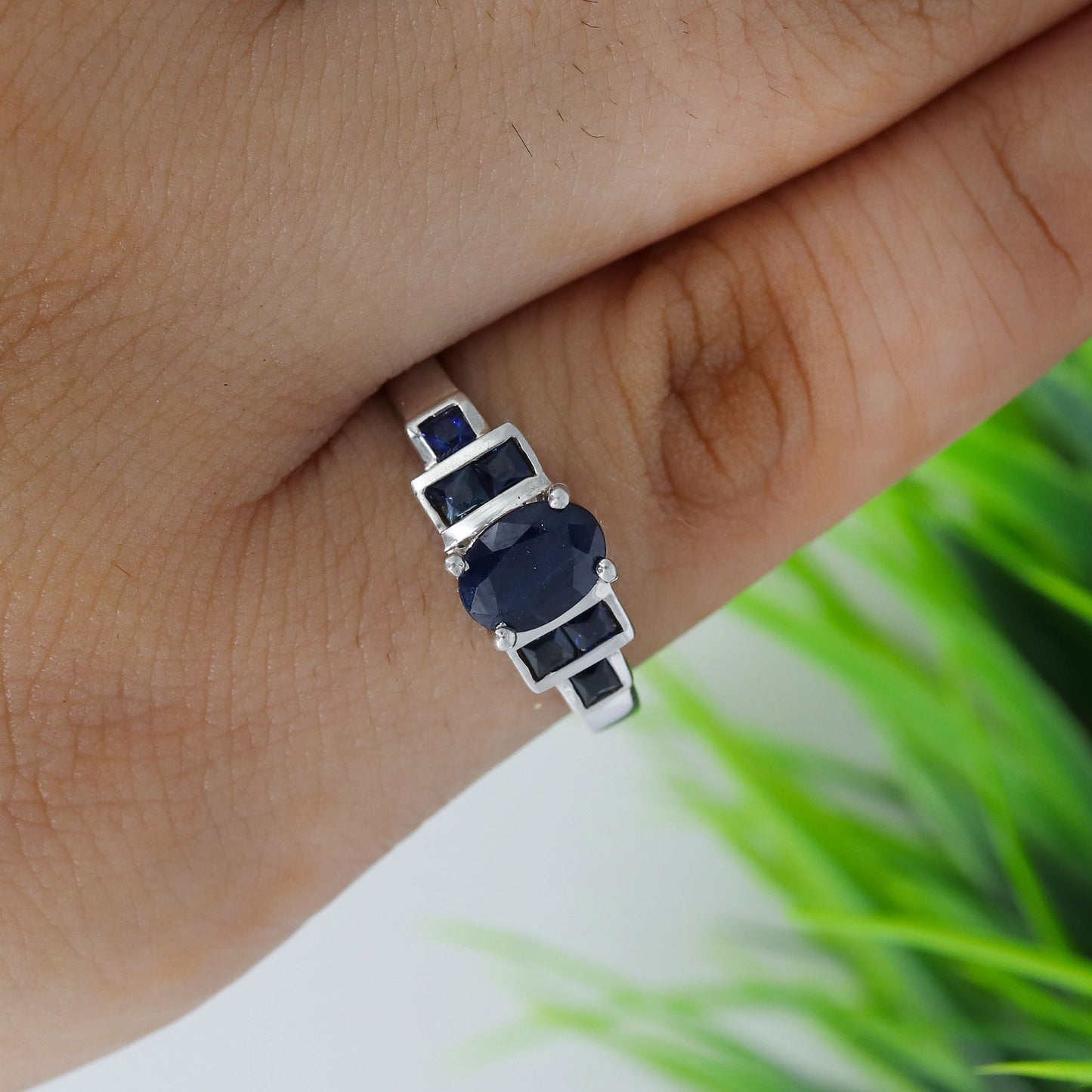 Oval & Square Cut Blue Sapphire 925 Sterling Dainty Ring Silver