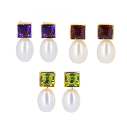 Amethyst/Peridot/Garnet Pearl Drop Earring Gold