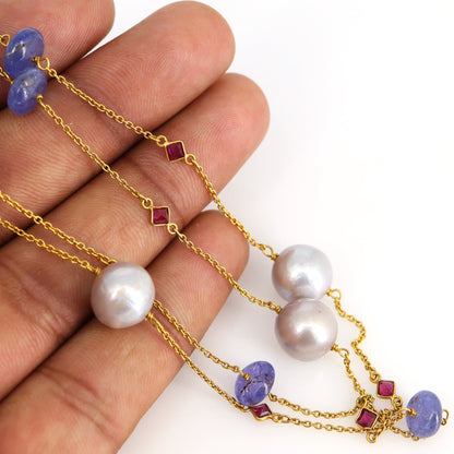 Vintage Yellow 30" Double String Pearl Curb Chain Necklace 18K Gold