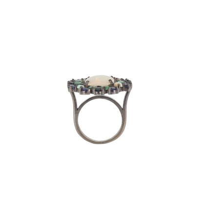 Opal Emerald Blue Sapphire Pave Handmade Statement Ring Silver