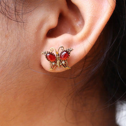 Tiny Butterfly Garnet Studs 9K Yellow Earring Gold