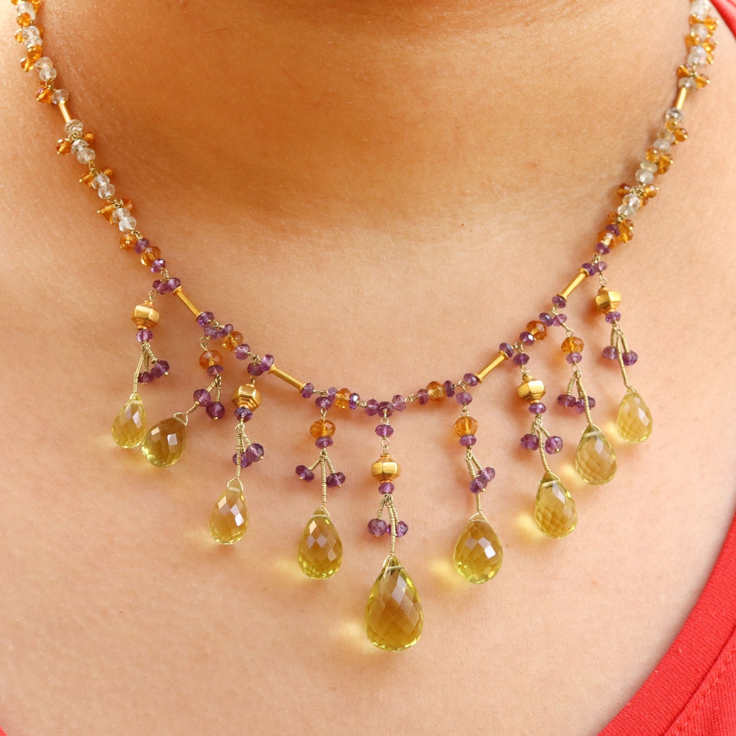 Amethyst Aquamarine Citrine Lemon Topaz Necklace 18K Gold