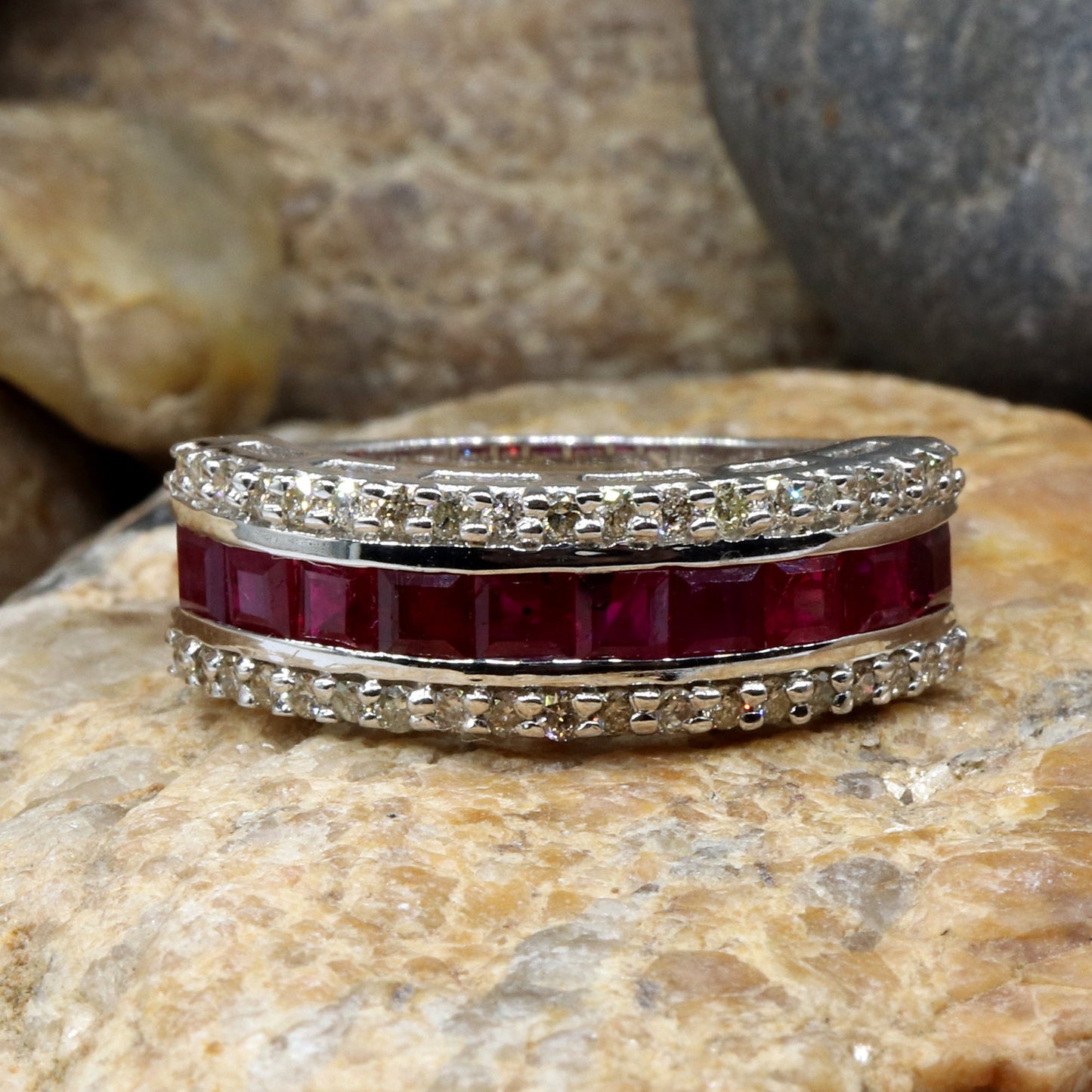 Triple Line Band Ruby Band 925 Sterling White Rhodium Plated Band Ring Silver