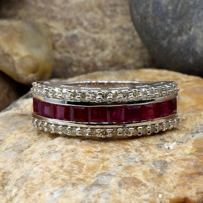Triple Line Band Ruby Band 925 Sterling White Rhodium Plated Band Ring Silver