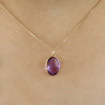 Checker Cut Amethyst Briolette Pendant 14K Gold