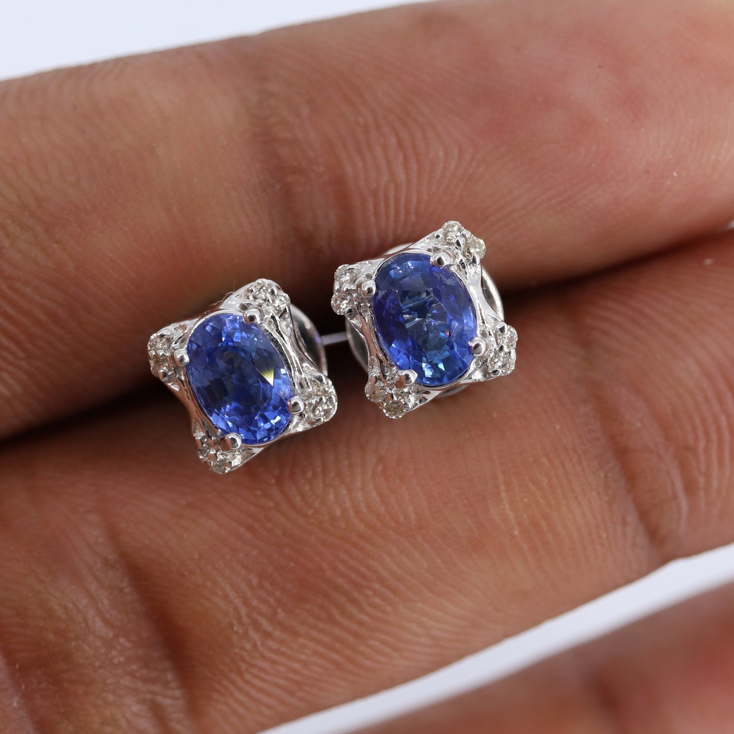 White Studded Blue Sapphire Earring 18K Gold