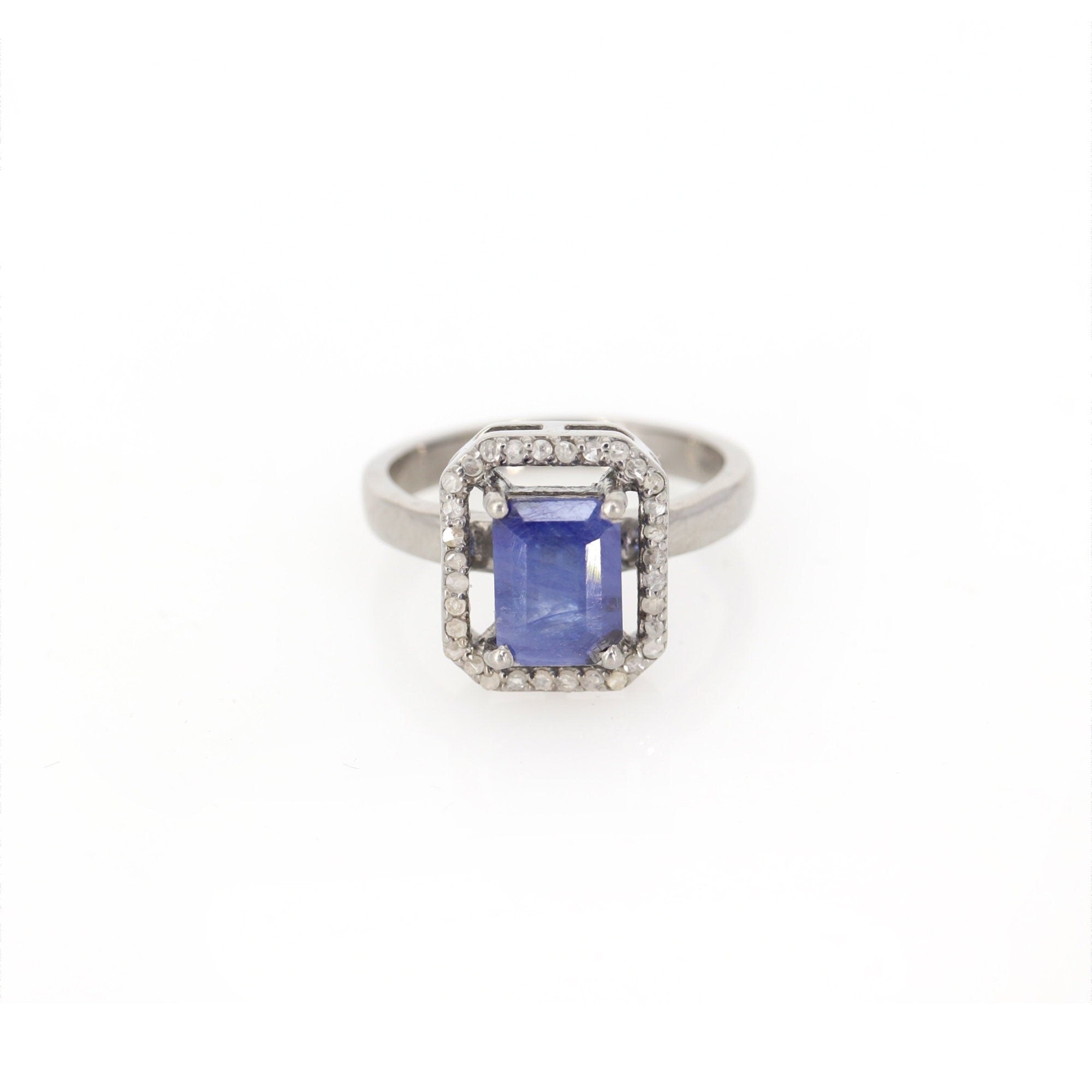 Blue Sapphire Pave Ring Silver