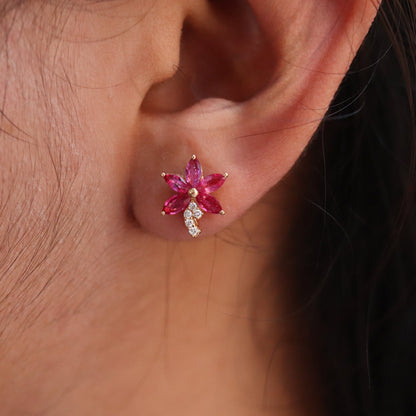 Flower Design Ruby/Blue Sapphire Earring 14K Gold