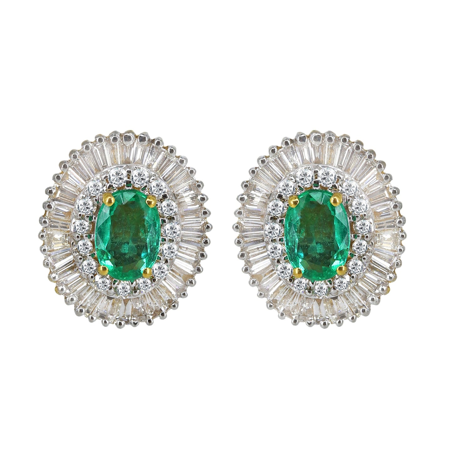 Yellow Studs Oval Cut Emerald & Tapered Baguette Cut Elegant Earring 18K Gold