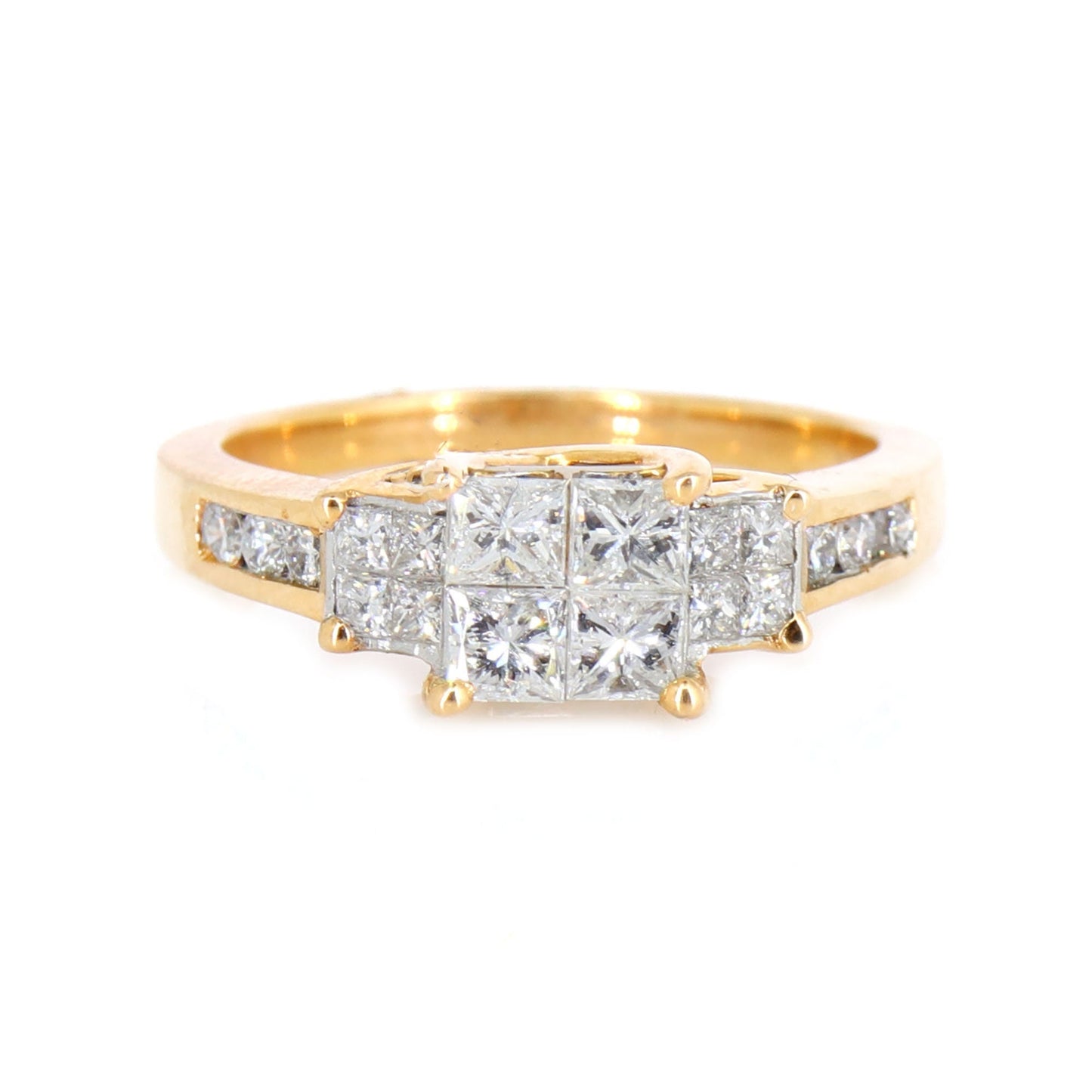 Estate Rose 0.96 Princess Cut Invisible Illusion Round Cut Channel 3 Stones Ring 18K Gold