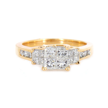 Estate Rose 0.96 Princess Cut Invisible Illusion Round Cut Channel 3 Stones Ring 18K Gold